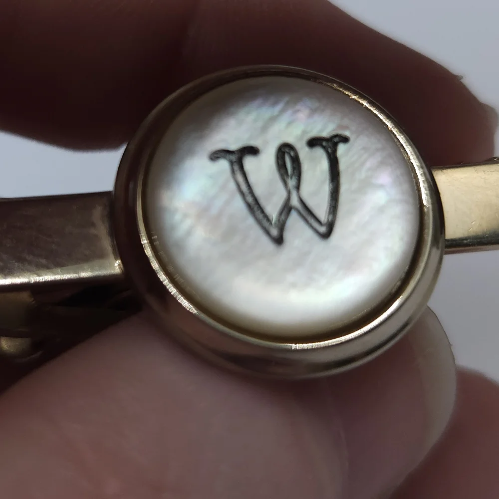 Vintage Mother of Pearl Letter W Monogram Gold Plate Cuff Links Tie Clip Set